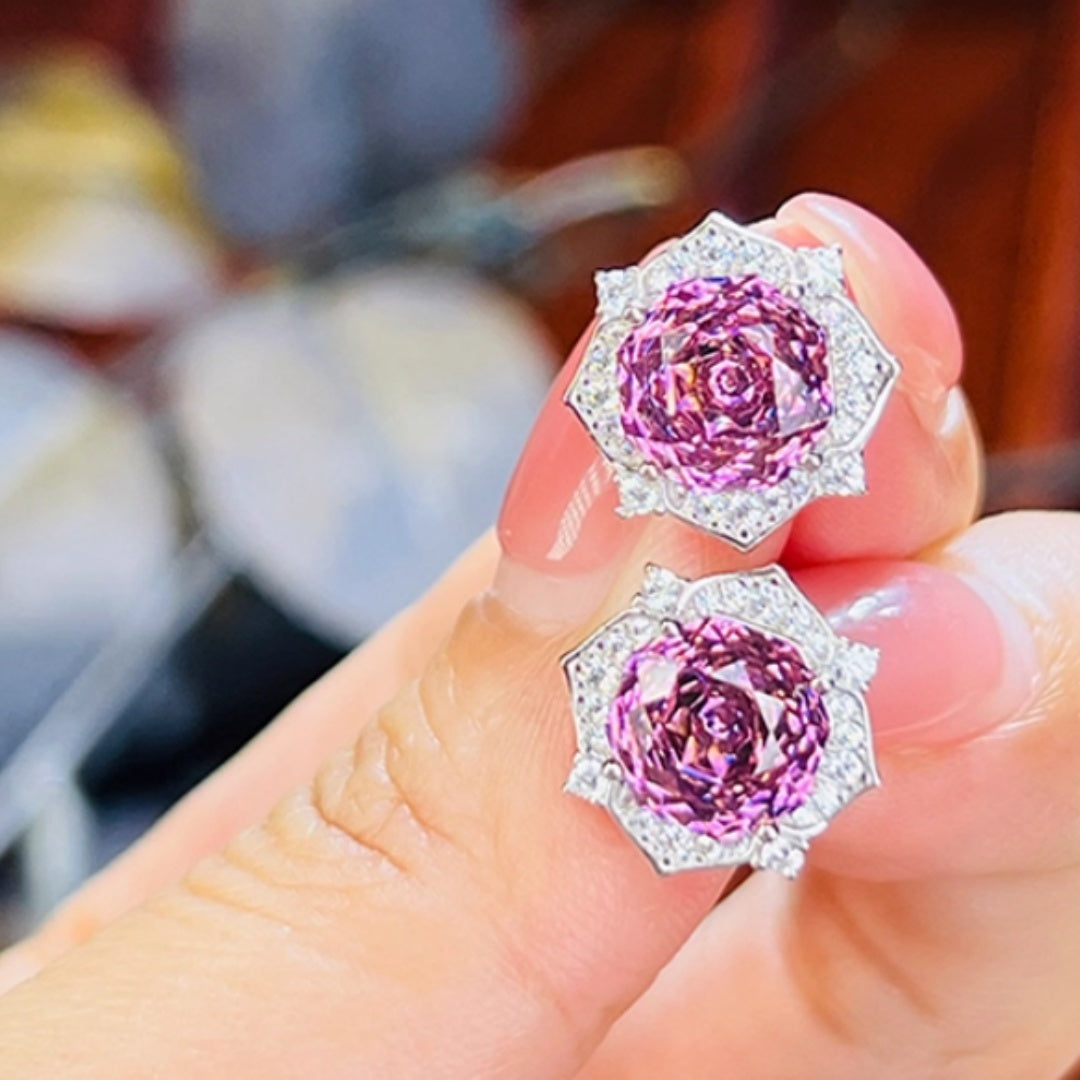 Purple  Flower Earrings 925 Silver Inlaid With High Carbon Diamonds